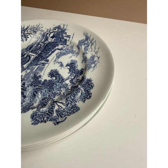 Vintage Wedgwood Dinner Plates Set of 4 Blue Transferware "Countryside" Pattern - Picture 11 of 15